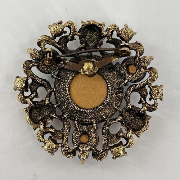 Gold Tone Lion Face Multicolor Cabochon Rhinestone Cluster Brooch Pin - Picture 6 of 8